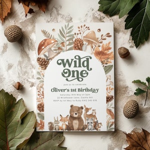 Woodland 1st Birthday Invitation, Wild One Invitation, Fox Deer Bear Forest Animals Birthday Invite Template, Bear 1st Birthday Boy Invite