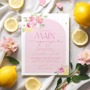 Main Squeeze Citrus Bridal Brunch Invitation, Lemon Bridal Shower, Pink Floral Citrus Bridal Shower Invitation, Mediterranean Lemon Theme