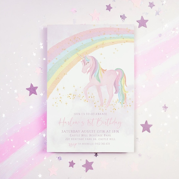 Unicorn Birthday Invitation, Unicorn Invitation, Rainbow Unicorn Birthday Invitation, 1st Birthday Girl, Pastel Unicorn Invitation Printable