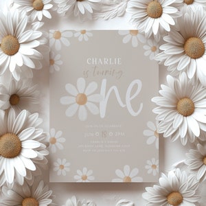 Daisy Birthday Invitation, Flower 1st Birthday Invite, Daisy Invitation, Girls 1st Birthday, Boho Neutral Daisy Invitation, Beige, Daisies