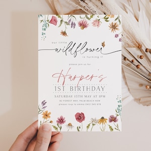 Wildflower Birthday Invitation, 1st Birthday Invitation Girl, Girls Birthday Flower Invitation, 1st Birthday Girl, Wildflower 1st Birthday