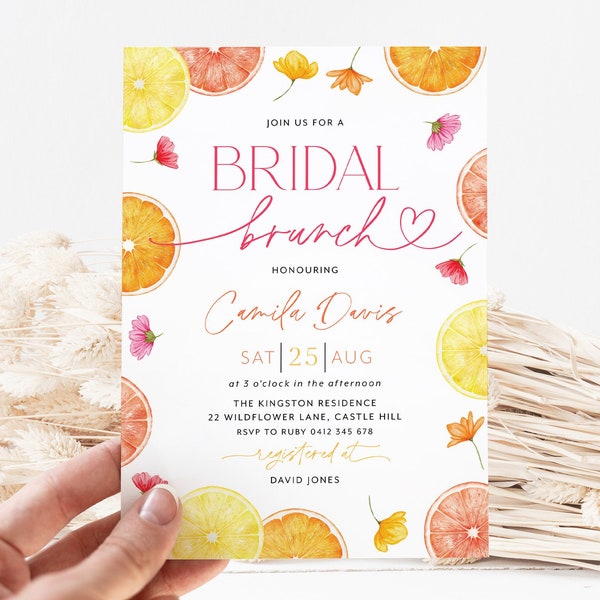 Citrus Bridal Brunch Invitation, Lemon Bridal Shower, Bright Floral Citrus Bridal Shower Invitation, Mediterranean Lemon Theme, Orange Lemon