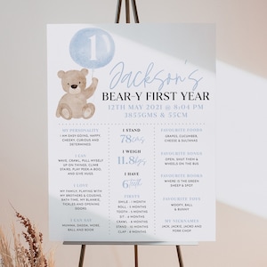 Segno della pietra miliare del primo compleanno di Beary, Tabellone della pietra miliare del 1° compleanno dell'orso, Primo compleanno del bambino, Segno della pietra miliare del 1° compleanno Palloncini con orso blu