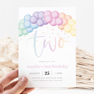 Pastel Rainbow Birthday Invitation, Pastel 2nd Birthday Invite, 2nd Birthday Girl Invitation, Pastel Rainbow Balloon Arch, 3rd 4th 5th 6th