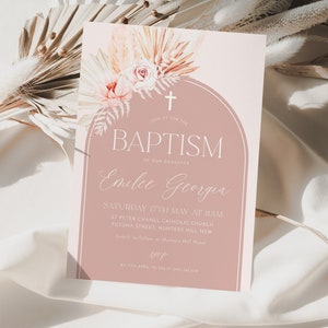 Girls Christening Invitation, Girls Baptism Invitation Template, Boho Pink Floral Arch Christening Invitation, Printable Baptismal Invite