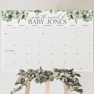 Calendrier de date d'échéance pour baby shower, signe de la date de naissance de bébé dans la verdure, devinez la date d'arrivée, signe de la date d'échéance, baby shower imprimable modifiable