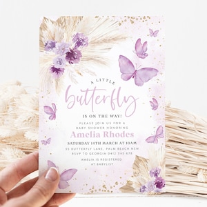 Boho Butterfly Baby Shower Invitation, Purple Butterfly Invitation Template, Boho Baby Shower Invite, Butterfly Baby Shower Invite Girl