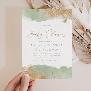 Green Baby Shower Invitation, Sage and Gold Baby Shower Invitation, Gender Neutral Baby Shower Invitation, Printable Template, Sage Baby