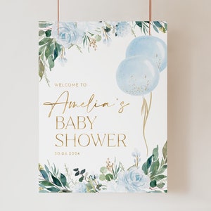 Cartello di benvenuto Boy Baby Shower, cartello di benvenuto con palloncino blu, cartello di benvenuto Blue Boy Baby Shower, cartelli per baby shower, cartello stampabile modificabile