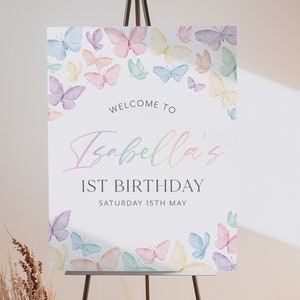 Rainbow Butterfly 1st Birthday Welcome Sign, Pastel Butterflies Welcome Sign, 1st Birthday Sign, Pastel Rainbow Butterfly Party Decor Girl