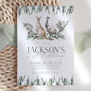 Australian Animals 1st Birthday Invitation, Aussie Animals First Birthday Invitation, Australiana Birthday Invitation, Kangaroo Koala Invite