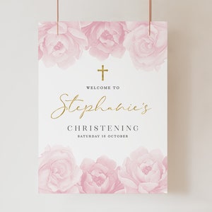 Printable Welcome Sign, Christening Welcome Sign, Baptism Welcome Sign, Pink Floral Welcome Sign, Pink Baptism Sign, Pink Flowers