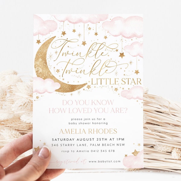 Twinkle Twinkle Little Star Invitation, Baby Shower Invitation, Girl Baby Shower Instant Download Template, Little Star Pink Invitation Girl