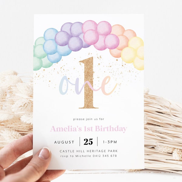 Einladung zum ersten Geburtstag, Pastell-Regenbogen-Einladung zum 1. Geburtstag, Einladung zum 1. Geburtstag, 1. Geburtstagskind, Pastell-Regenbogen-Ballonbogen