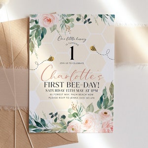 First Bee Day Invitation, Bee Birthday Invitation Pink, Bee 1st Birthday Invite, Bumble Bee Birthday, Honey Bee Invitation 1st Birthday Girl