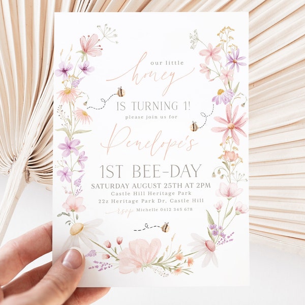 First Bee Day Invitation, Bee Birthday Invitation Pink, Bee 1st Birthday Invite, Bumble Bee Birthday, Wildflower Bee Day, 1st Birthday Girl