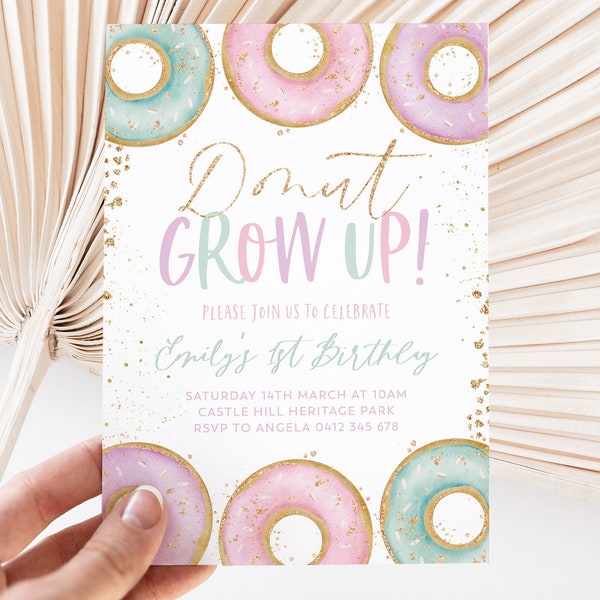 Donut Party Invitation, Donut First Birthday Invite, 1st Birthday Girl, Sweet One Birthday, Girls First Birthday, Donut Grow Up, Donut Pink