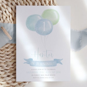 1st Birthday Boy Invitation, Balloons First Birthday Invite 1st Birthday Boy Blue Birthday Invitation Boy Printable Editable Invitation Boy