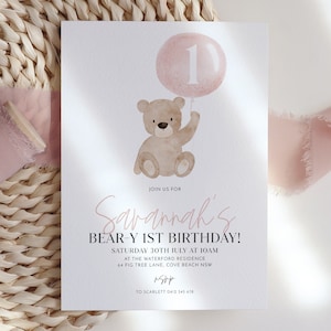 Bear Birthday Invitation, Bear-y First Birthday, Bear Balloons Invitation, 1st Birthday Girl, Teddy Bear Invitation, Printable Birthday Pink