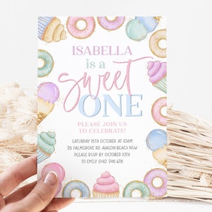 Sweet One Birthday Invitation, Pastel Girls 1st Birthday Party, Donut Cupcake Icecream Invitation, Candyland First Birthday Party