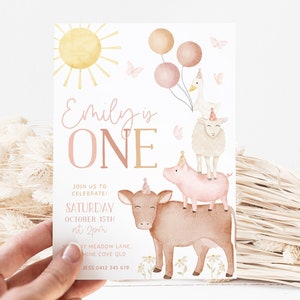 Farm Birthday Invitation Template, Farm Animals 1st Birthday Invite Girls, Barnyard Animals Birthday Printable Invitation, 1st Birthday Girl