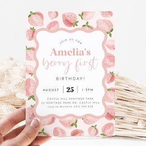 Berry First Birthday Invitation, Strawberry Birthday Invitation, Strawberry Birthday Evite, 1st Birthday Girl, Berry Sweet First Birthday