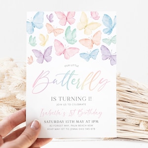 Butterfly Birthday Invitation, Pastel Rainbow Butterflies 1st Birthday Invite, First Birthday Invitation, Birthday Girl Butterfly Party
