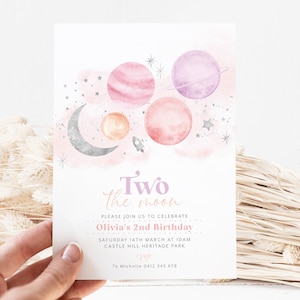 Two the Moon 2nd Birthday Invitation Template, Two the Moon Girl Birthday Space Invitation, Invitation Girl, Printable Birthday Invitation