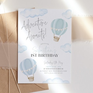 Hot Air Balloon 1st Birthday Invitation, Adventure Awaits Invitation 1st Birthday Boy, Printable Invite Blue Hot Air Balloon Up Up and Away