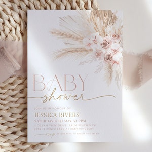 Boho Baby Shower Invitation, Boho Floral Baby Shower, Baby Girl Baby Shower Invite, Dried Flower Invitation, Muted Pink Boho Baby Invitation afbeelding 1