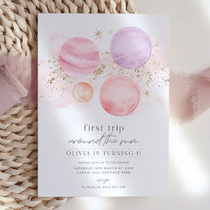 First Trip Around The Sun Birthday Invitation Template, Girls First Birthday Space Invitation, Sun Invitation, Printable 1st Birthday Space