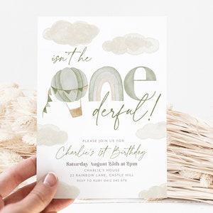 Onederful Hot Air Balloon Invitation, Onederful 1st Birthday Invitation Printable, Rainbow Invitation 1st Birthday Boy, Sage Green Birthday
