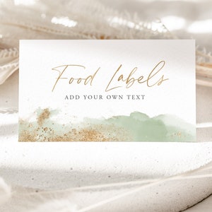 Voedseletiketten voor babyshowers, groene voedseletiketkaart, voedseltentkaart, voedsellabels, salie en gouden voedseletiketten, gevouwen voedselkaarten, tentvoedseletiketten