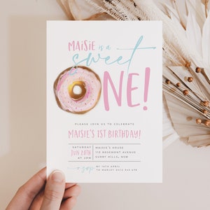 Donut First Birthday Invitation, 1st Birthday Invitation Girl, Donut Invitation, Donut Birthday, Sweet One Birthday, Girls First Birthday