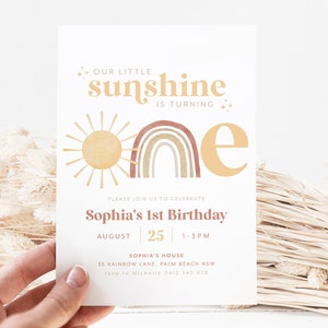 Little Sunshine Birthday Invitation, Sun Invitation, Sunshine 1st Birthday Invitation, 1st Birthday Girl, Boho Sunshine, Rainbow Invitation