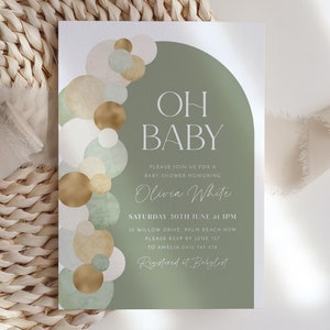 Invito per baby shower salvia, arco di palloncini Oh Baby Genere neutro Modello per invito per baby shower, Baby Brunch, Baby Sprinkle Arco verde salvia