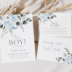 Blue Boy Baby Shower Invitation Set, Blue Floral Baby Shower Invite, Dusty Blue Flowers Baby Shower Invitation, It&#39;s A Boy Baby Shower