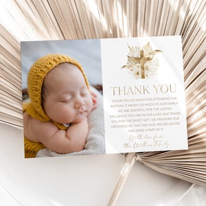 Modello di biglietto di ringraziamento, biglietto di ringraziamento stampabile, biglietto di ringraziamento per download istantaneo, biglietto di ringraziamento per battesimo, biglietto di ringraziamento per battesimo Boho Gold