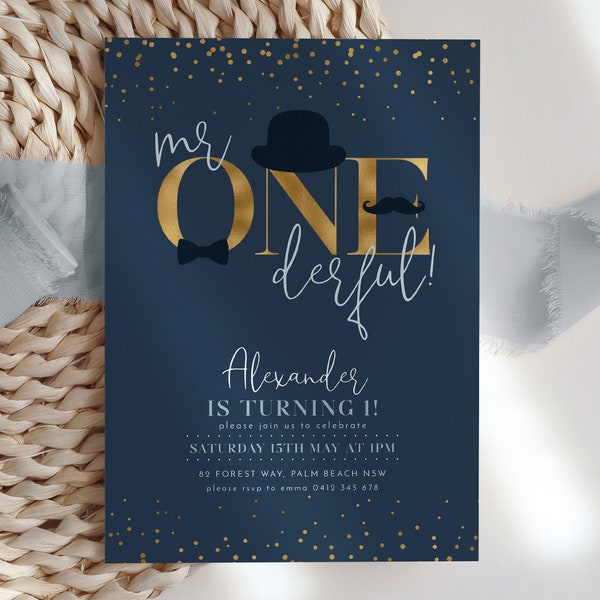 Mr ONEderful Invitation, 1st Birthday Boy Invitation, Blue First Birthday Invitation Boy, Top Hat Moustache Bow Tie Mr Onederful Invitation