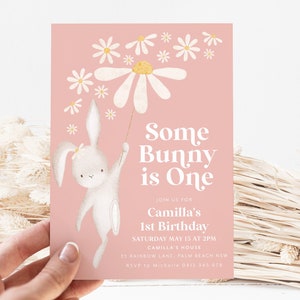 Some Bunny is One Invitation, Daisy Some Bunny is Turning One Invite, Bunny Birthday Party Invitation, 1st Birthday Girl, Bunny and Daisies