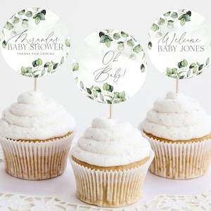 Cupcake Toppers, Baby Shower Cupcake Toppers, Printable Greenery Baby Shower Cupcake Topper, Editable Cupcake, Greenery Cupcake Toppers Baby