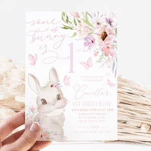 Some Bunny is One Invitation, Floral Some Bunny is Turning One Invite, Bunny Birthday Party Invitation, 1st Birthday Girl, Butterflies Pink