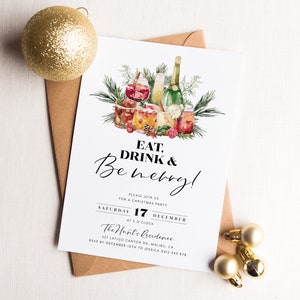 Eat Drink and Be Merry Invitation, Christmas Party Invitation, Holiday Party Invitation Template, Editable Modern Christmas Invitation