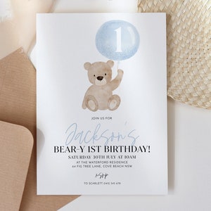 Bear Birthday Invitation, Bear-y First Birthday, Bear Balloons Invitation, 1st Birthday Boy, Teddy Bear Invitation, Printable Birthday Blue