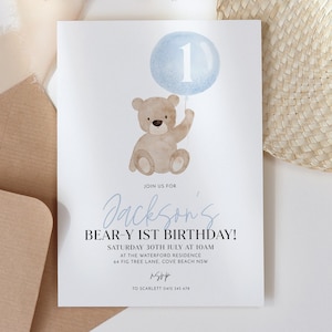 Bear Birthday Invitation, Bear-y First Birthday, Bear Balloons Invitation, 1st Birthday Boy, Teddy Bear Invitation, Printable Birthday Blue