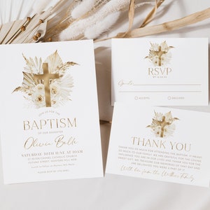 Boho Taufeinladung, Taufeinladung Vorlage, Gold Taufeinladung, Neutral druckbare Taufeinladung Antwortkarte Danke