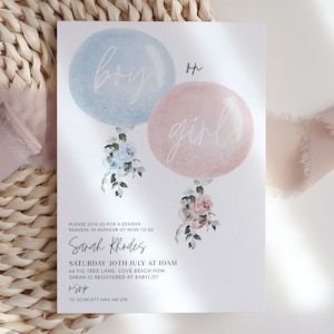 Gender Reveal Invitation Template, Boy or Girl Pink Blue Balloons Floral Gender Reveal Invite, Floral Balloons Baby Shower Invitation Pink