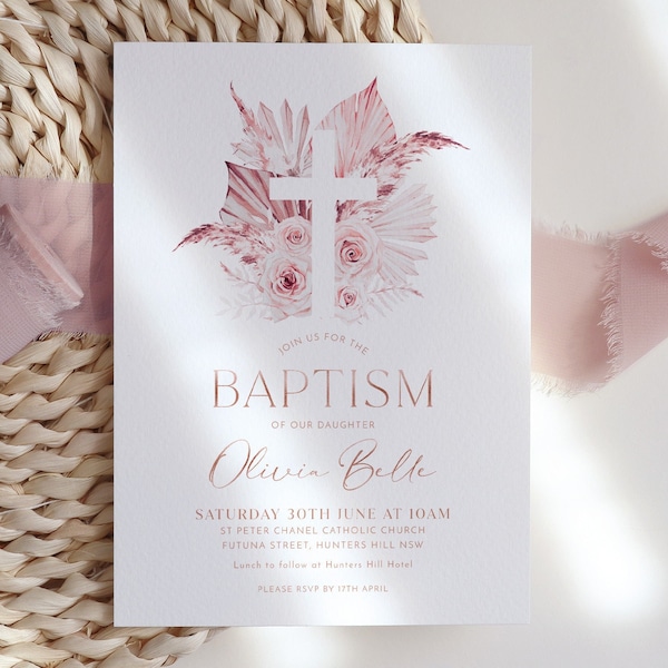 Boho Baptism Invitation, Girls Christening Invitation Template, Boho Floral Christening Invitation, Printable Baptism Invite, Pink Rose Gold