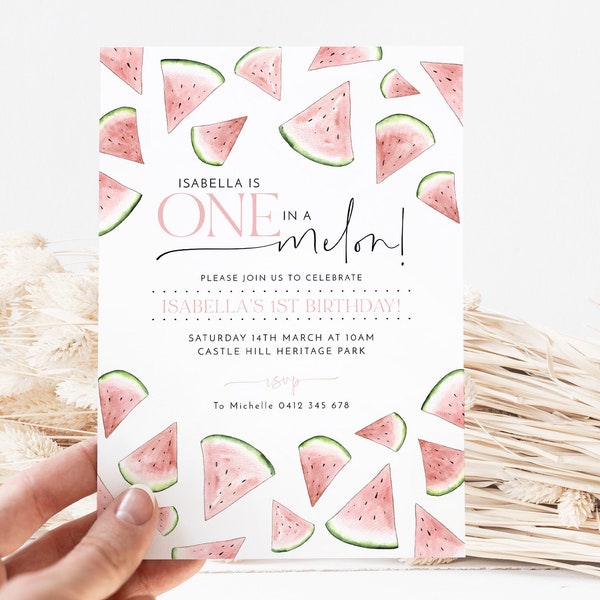One In a Melon First Birthday Invitation Template, Watermelon Birthday, Watermelon Girls First Birthday Invitation, Melon 1st Birthday Girl