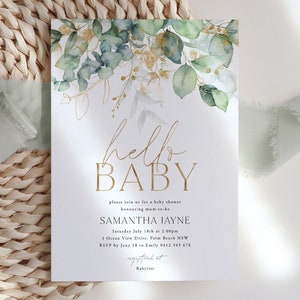 Greenery Baby Shower Invitation, Eucalyptus Invitation Template, Gender Neutral Baby Shower, Baby Boy, Printable, Watercolor Leaves, Phone image 1